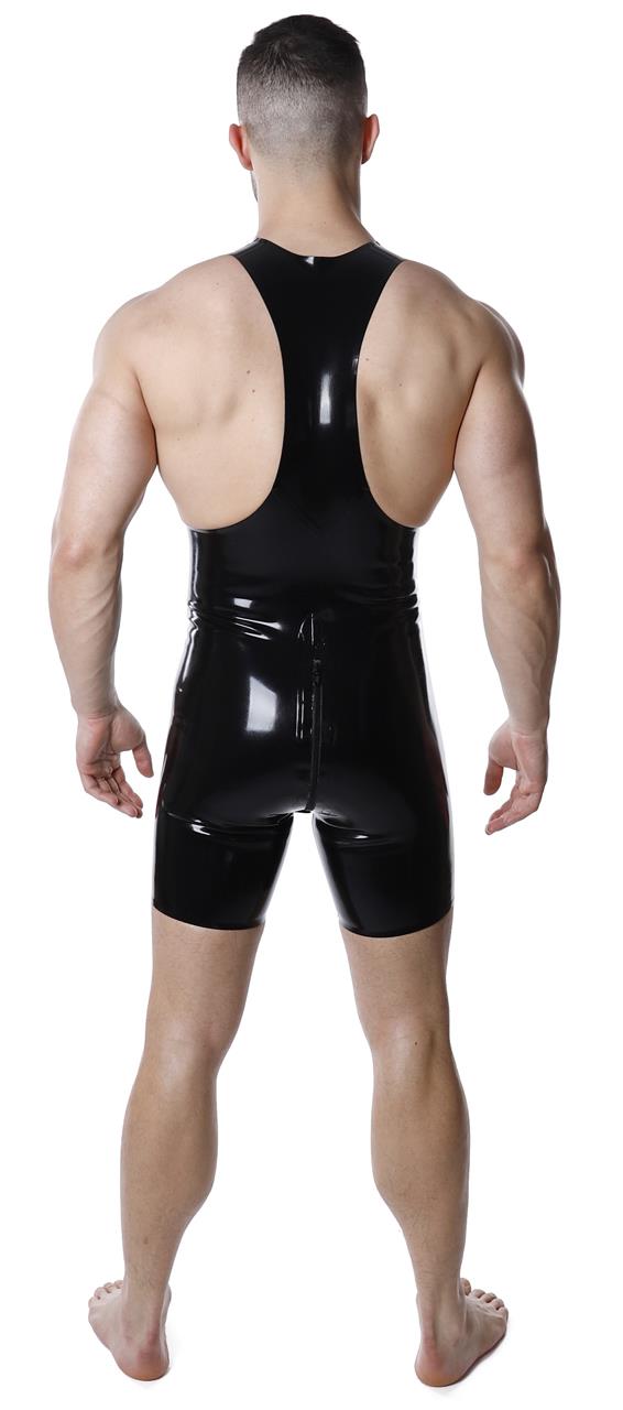 Träger-Shortanzug mit Codpiece, RV hinten, 0,60 mm Latex