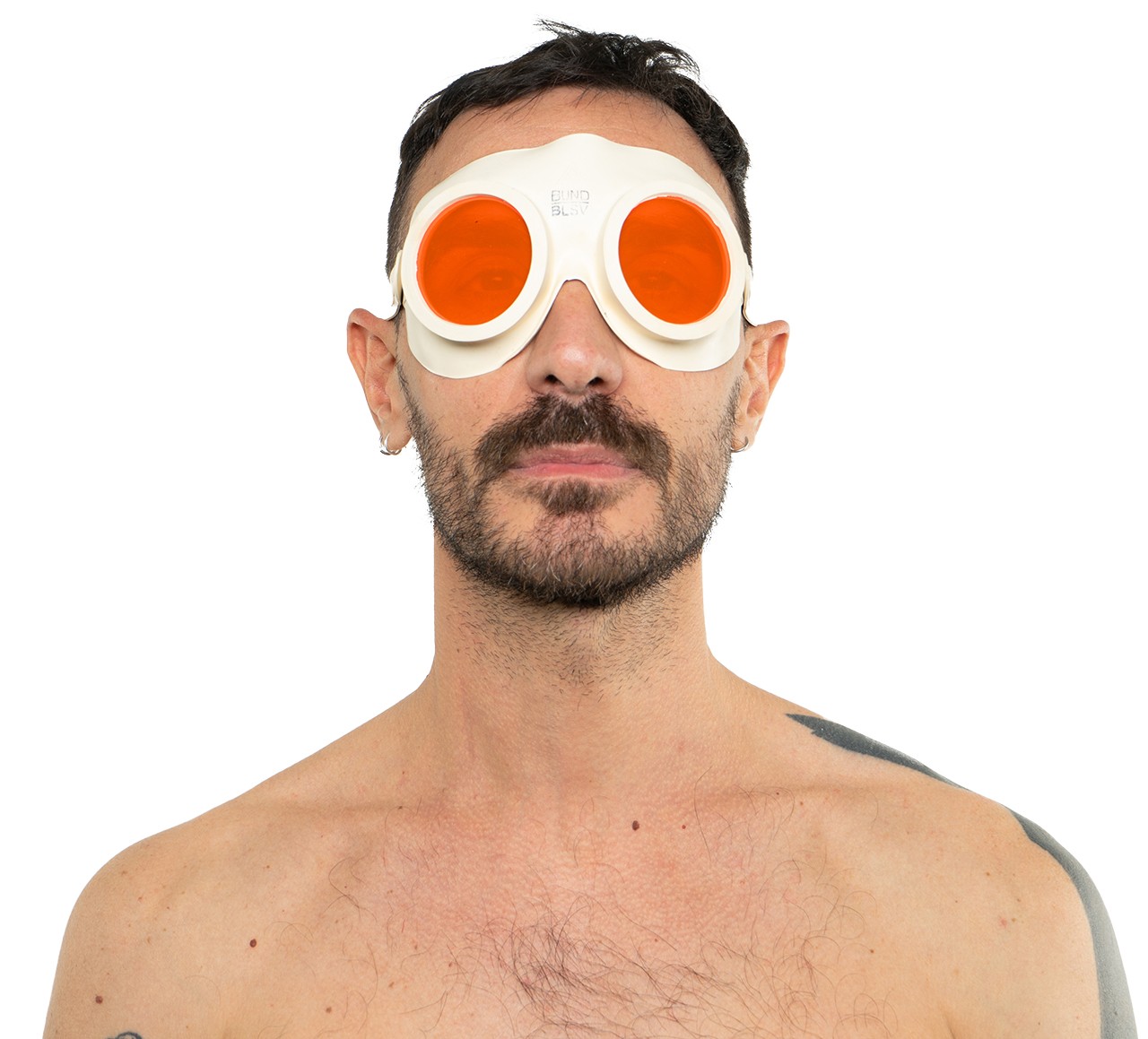 Schutzbrille, weiß mit fluoreszierend roten Augengläsern