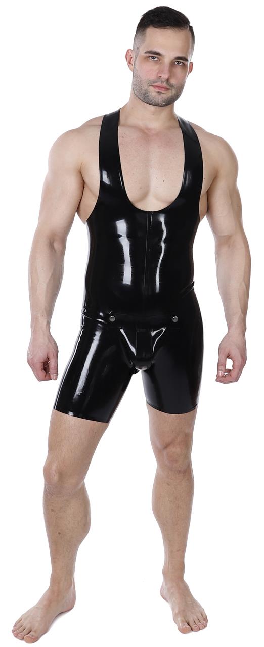 Träger-Shortanzug mit Codpiece, hinten offen, 0,60 mm Latex