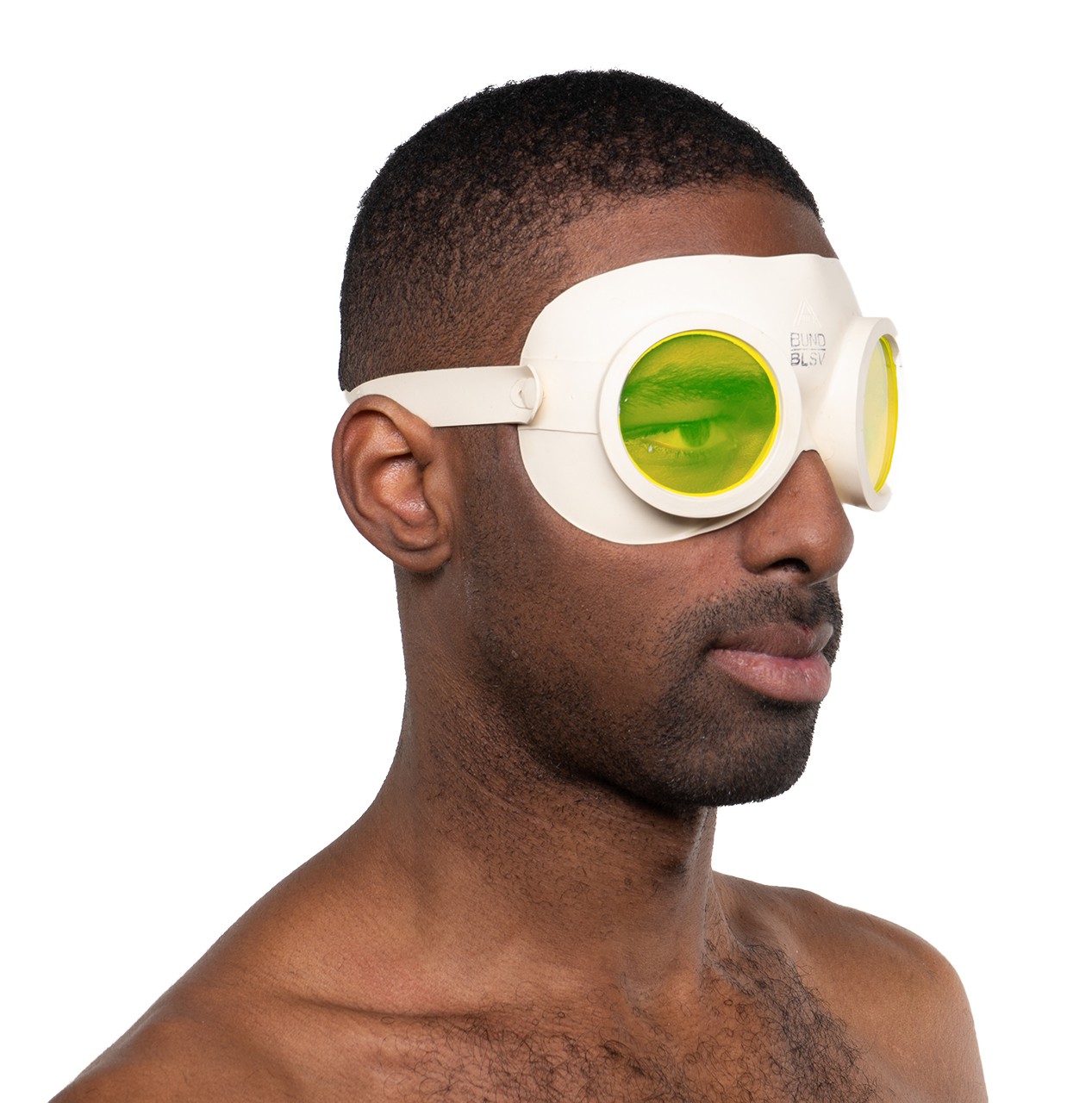 Schutzbrille, weiß mit fluoreszierend gelben Augengläsern